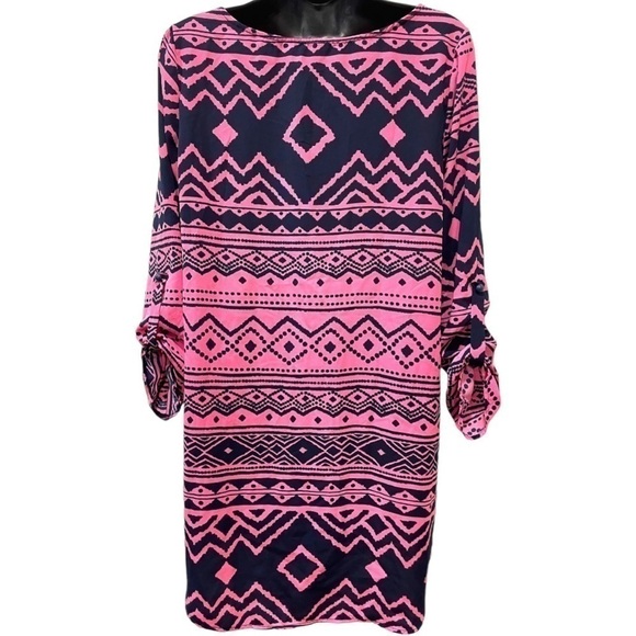 Pink Blush Magenta Navy Dress Aztec Tribal Print Shirt Style Roll Sleeve Small - Picture 6 of 11